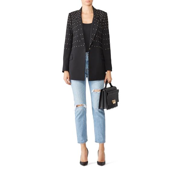 BADGLEY MISCHKA Black Gold Studded Grommets Tailored Edgy Blazer Size 0 - Picture 1 of 12